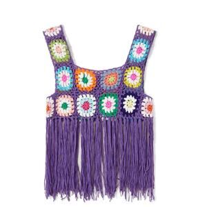 Crochet Granny square crop tank fringe detail purple handmade Hippie Indie